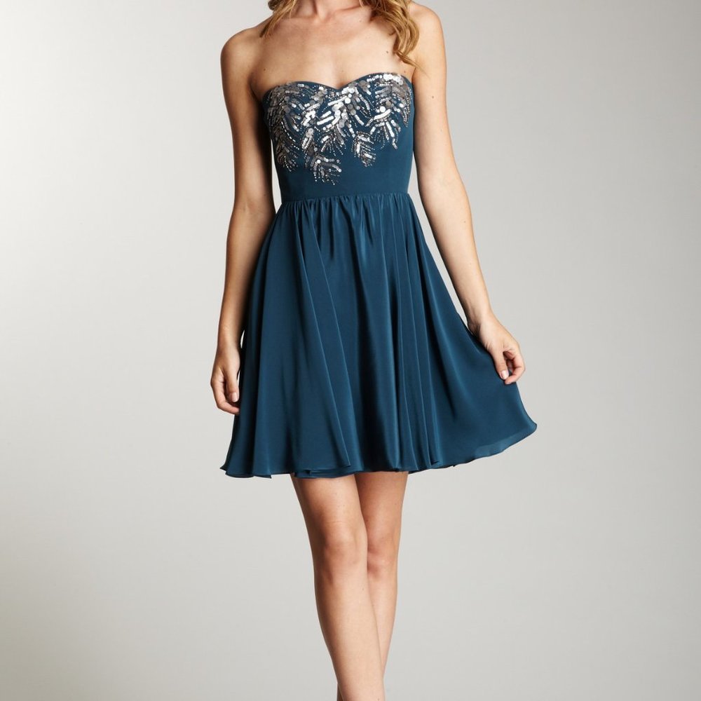 Rebecca Taylor Beaded Feather Strapless Silk Dress